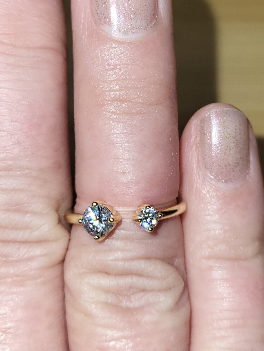 Delicate 14K Gold Plated Over 925 Sterling Silver 2 Stone Open Ring Adjustable